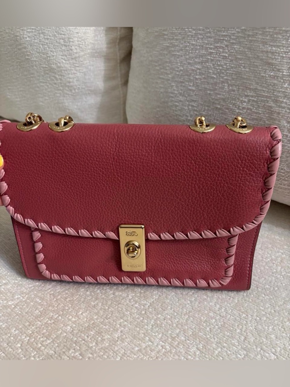 Coach Lane Large Leather Turnlock Shoulder Bag Raspberry and Light Pink